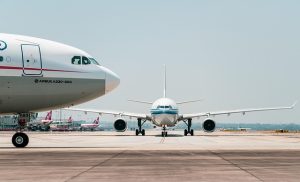 Commercial airliners flying