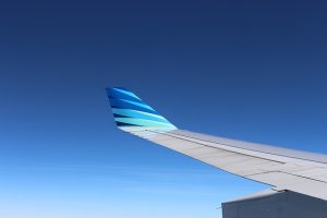 Wing of an airplane flying